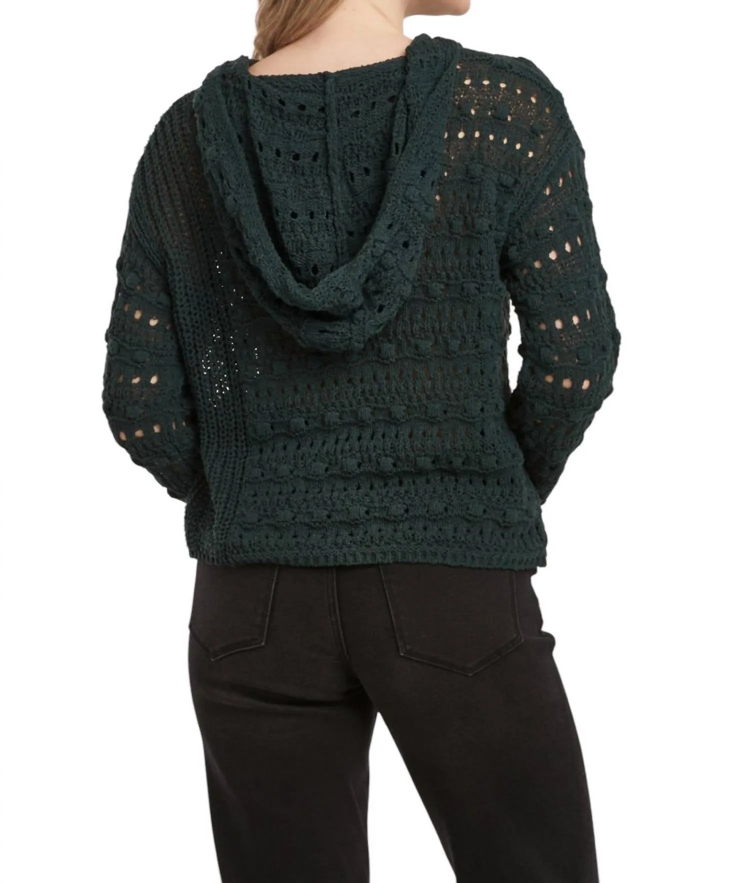 Olsen Pointelle Hoodie Sweater In Dark Moss