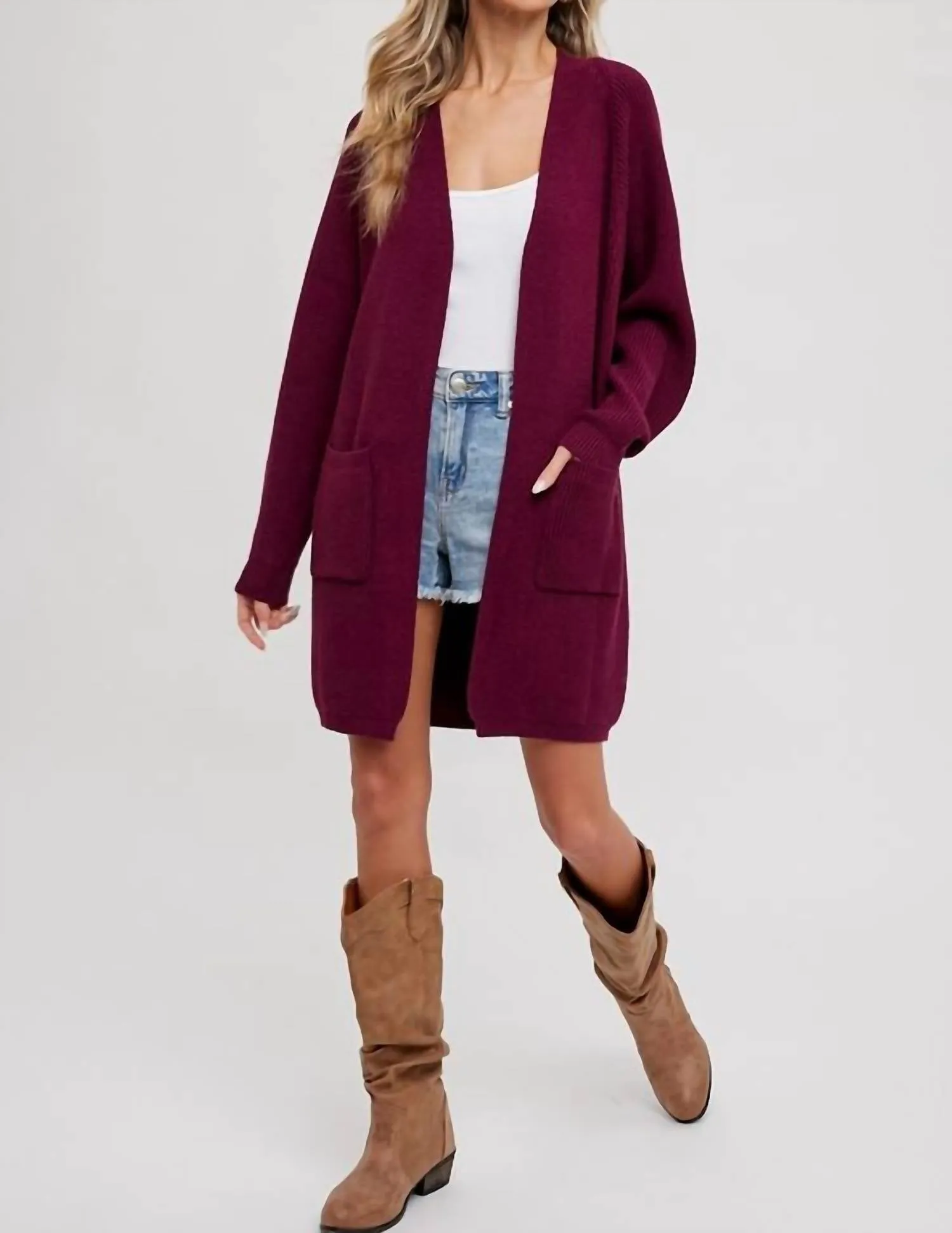Open Front Batwing Sleeve Cardigan In Plum