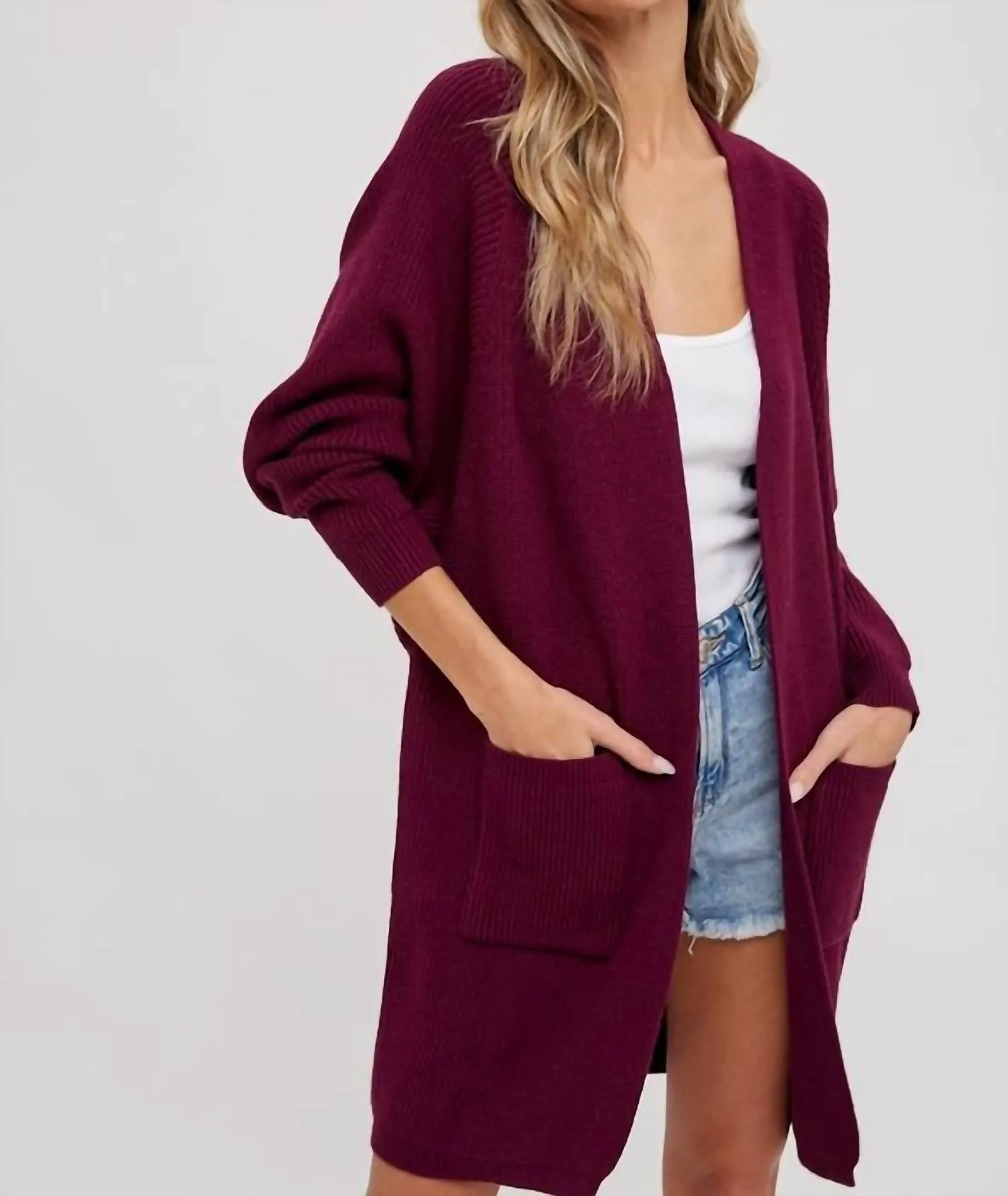 Open Front Batwing Sleeve Cardigan In Plum