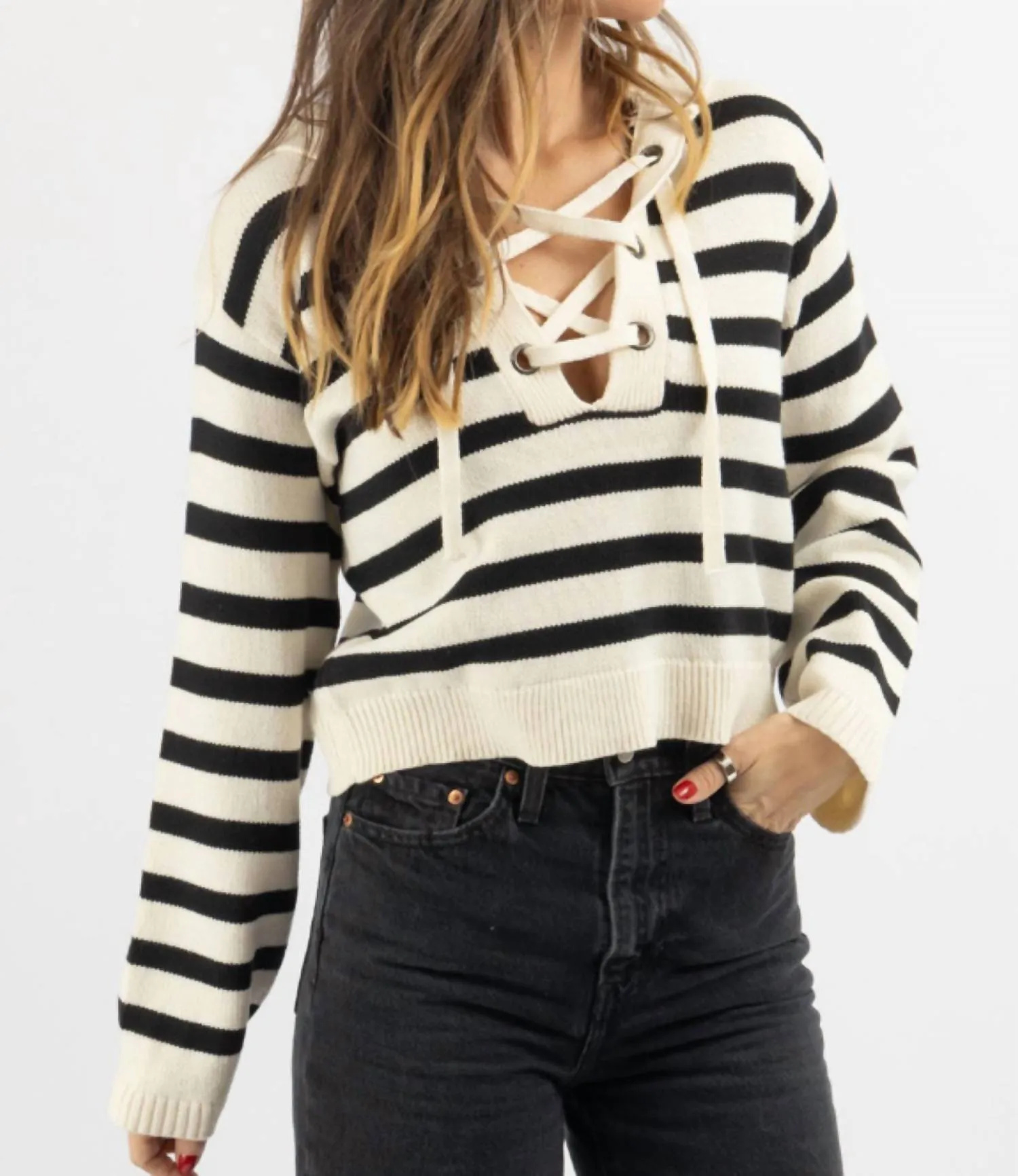 Out East Lace-Up Sweater In Black Stripe