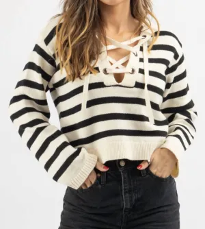 Out East Lace-Up Sweater In Black Stripe