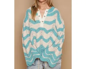 Oversize Round Neck Stripes Solid Pullover Sweater In Blue/cream