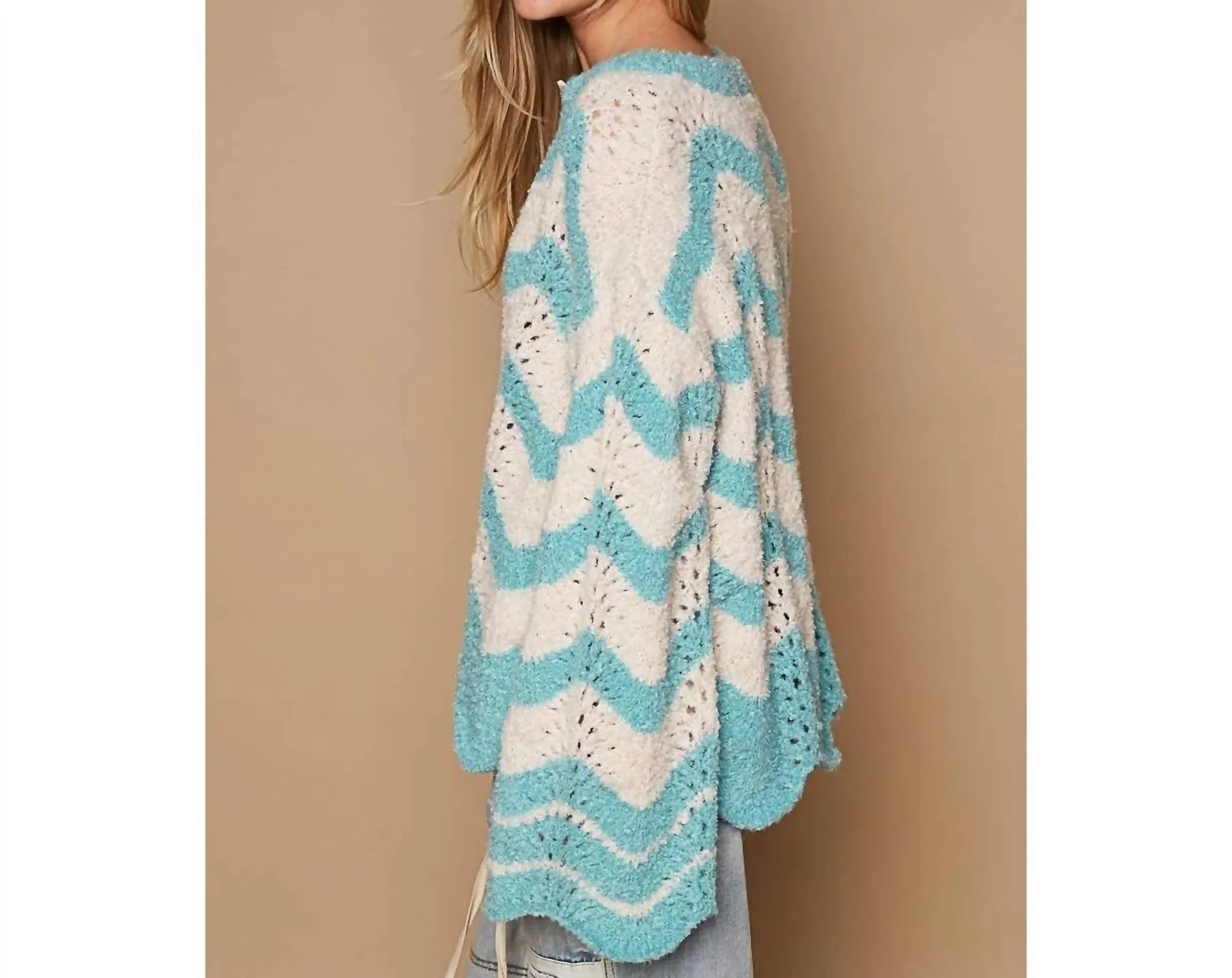 Oversize Round Neck Stripes Solid Pullover Sweater In Blue/cream