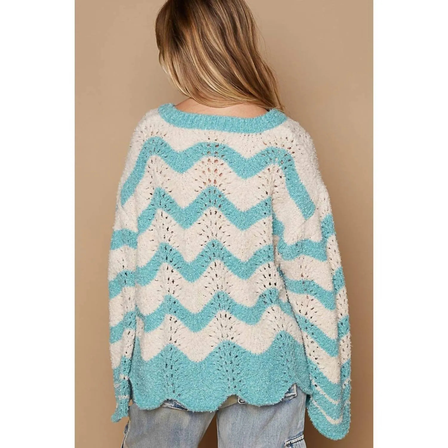 Oversize Round Neck Stripes Solid Pullover Sweater In Blue/cream