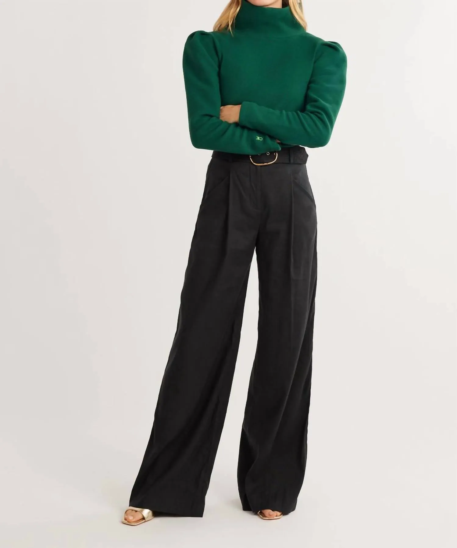 Palmer Puff Sleeve Vello Fleece Turtleneck Top In Emerald