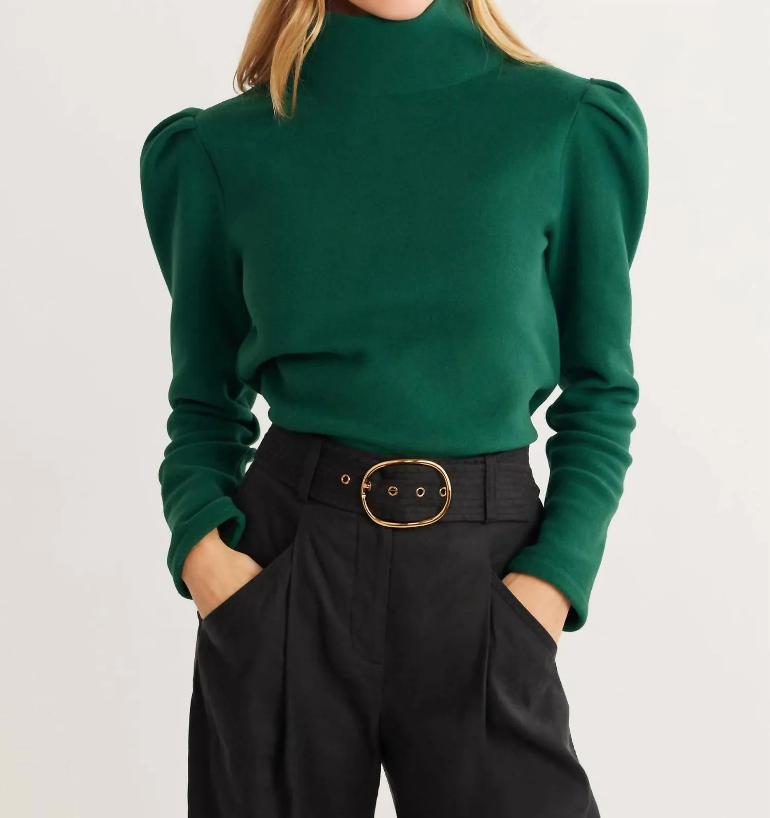Palmer Puff Sleeve Vello Fleece Turtleneck Top In Emerald