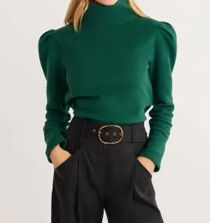 Palmer Puff Sleeve Vello Fleece Turtleneck Top In Emerald