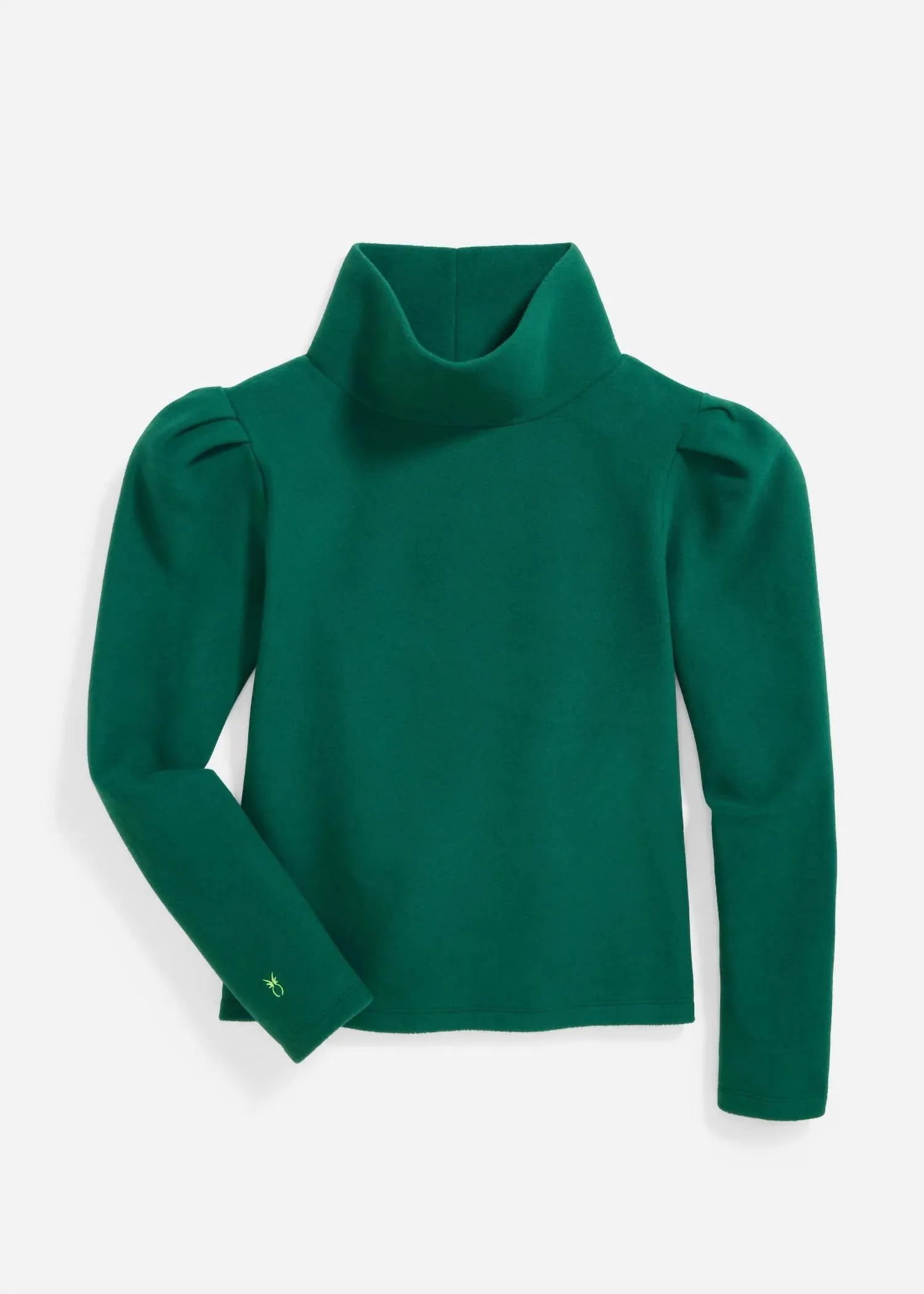 Palmer Puff Sleeve Vello Fleece Turtleneck Top In Emerald