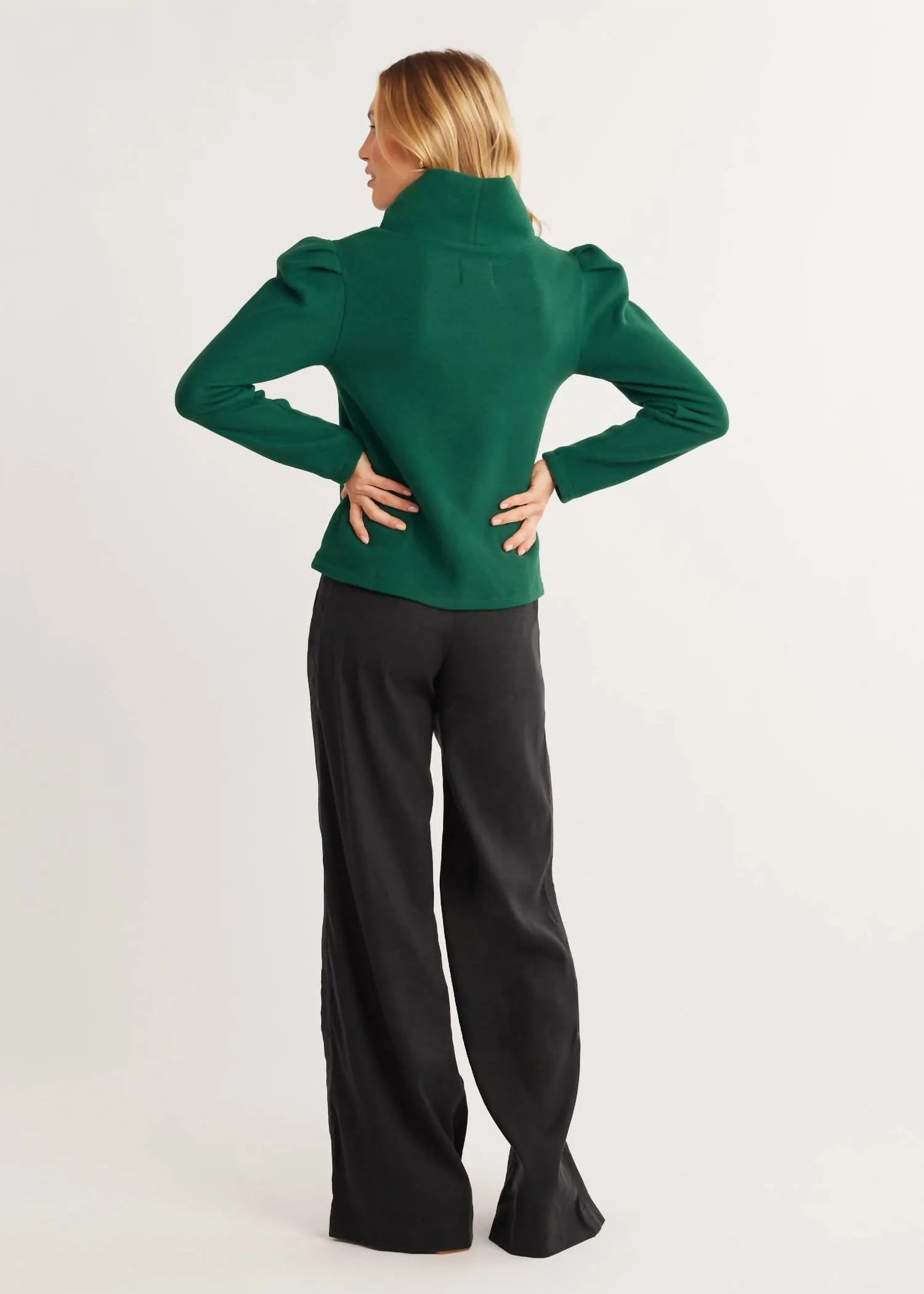 Palmer Puff Sleeve Vello Fleece Turtleneck Top In Emerald