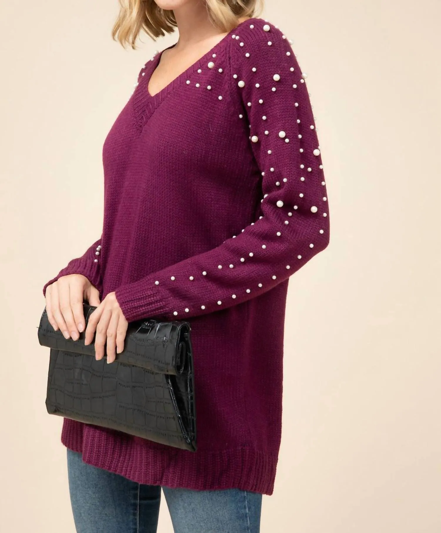 Pearl Embellished Sweater In Wine