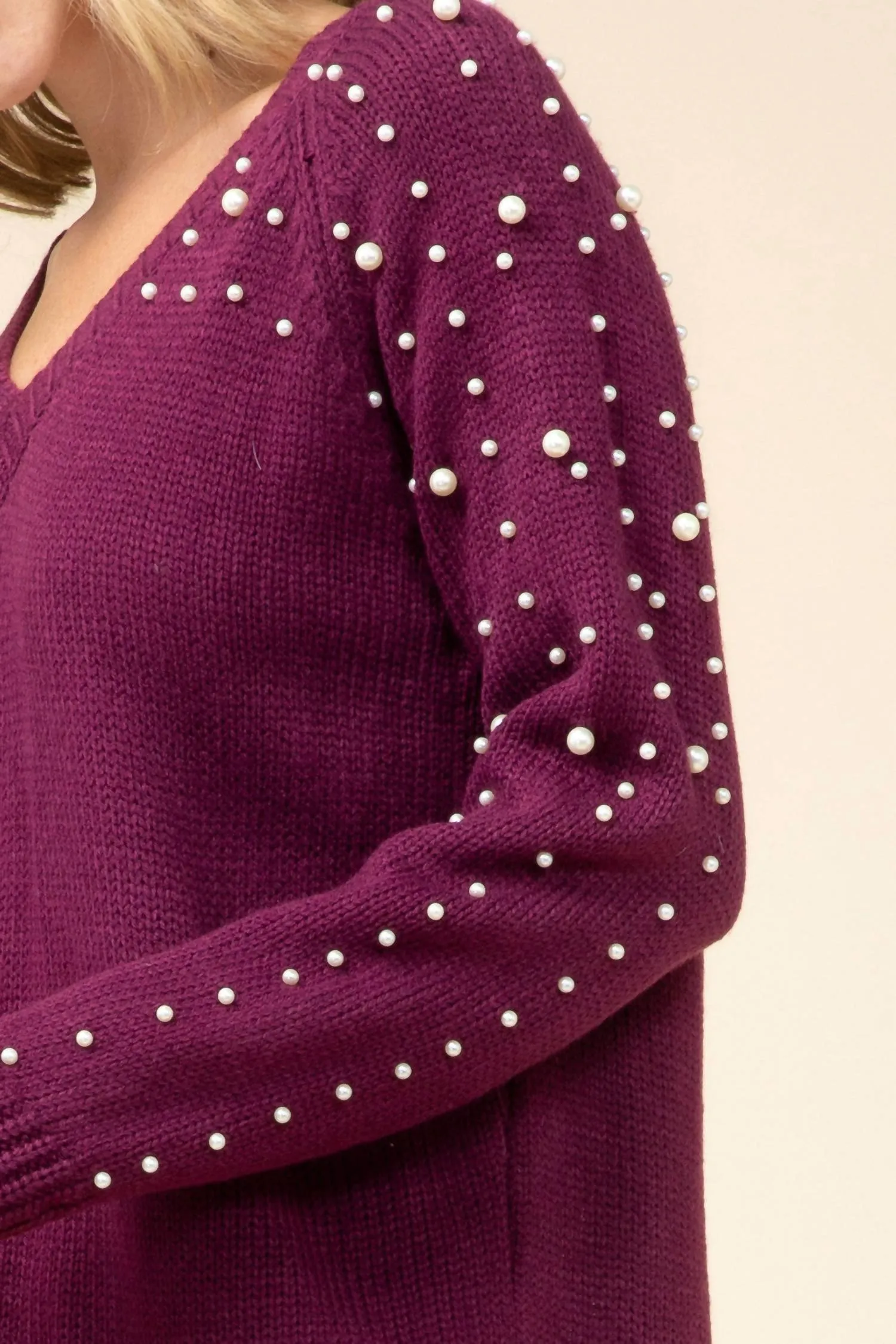 Pearl Embellished Sweater In Wine