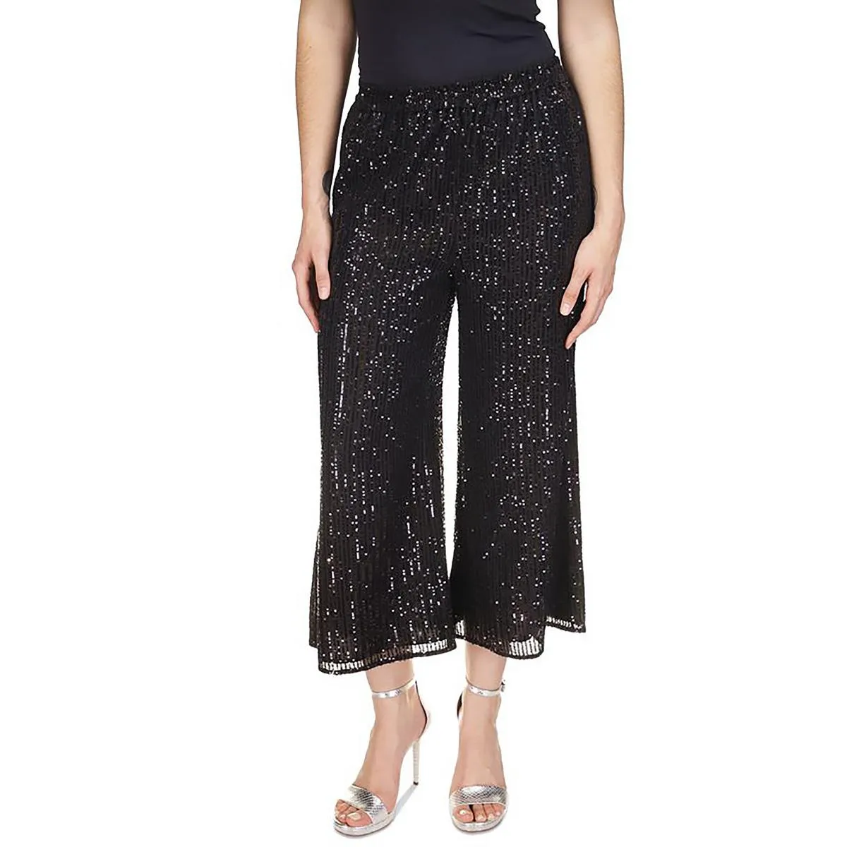 Petites Womens Sequined Wide Leg Cropped Pants