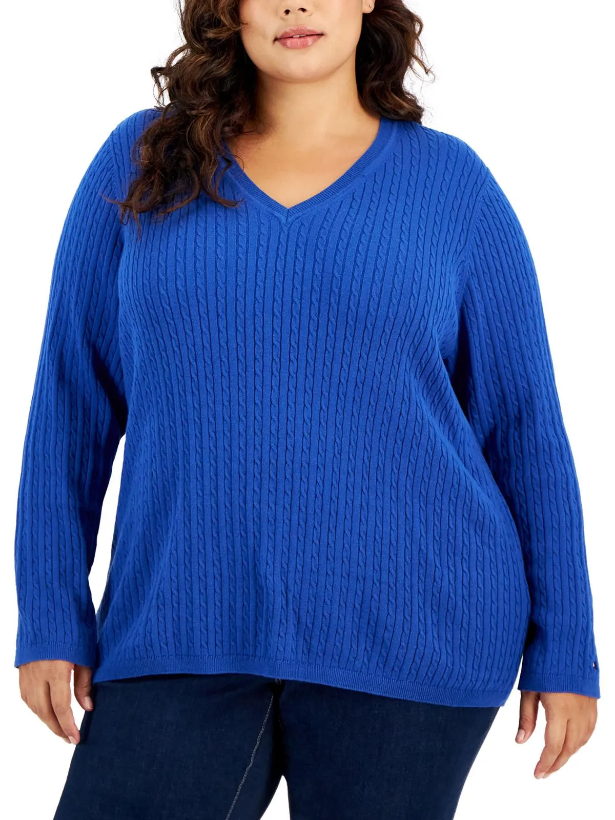Plus Womens Cable Knit Long Sleeve V-Neck Sweater