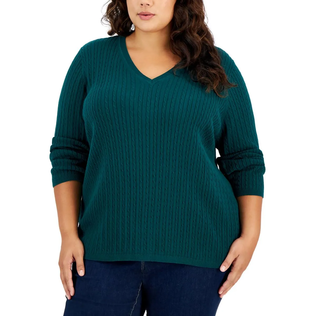 Plus Womens Cable Knit Long Sleeve V-Neck Sweater