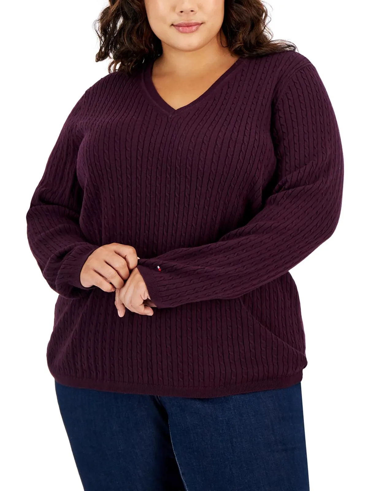 Plus Womens Cable Knit Long Sleeve V-Neck Sweater