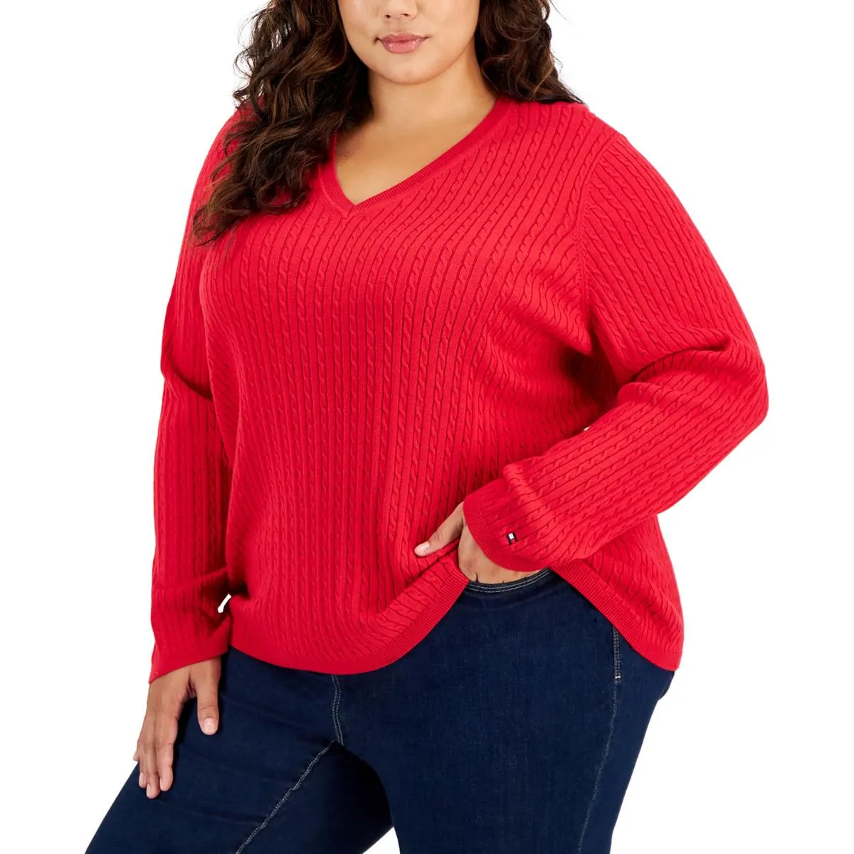 Plus Womens Cable Knit Long Sleeve V-Neck Sweater