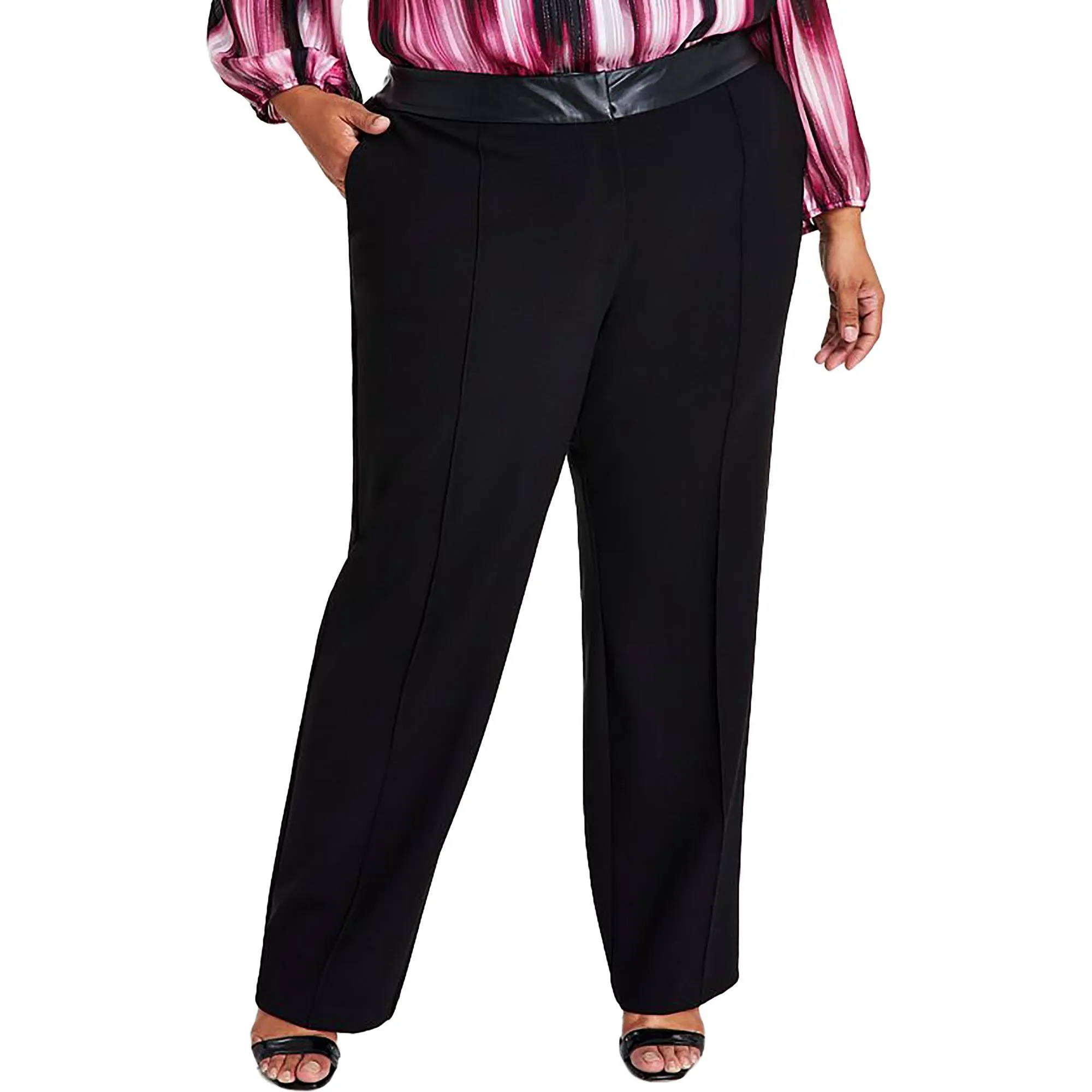 Plus Womens Faux Leather Trim High Rise Wide Leg Pants