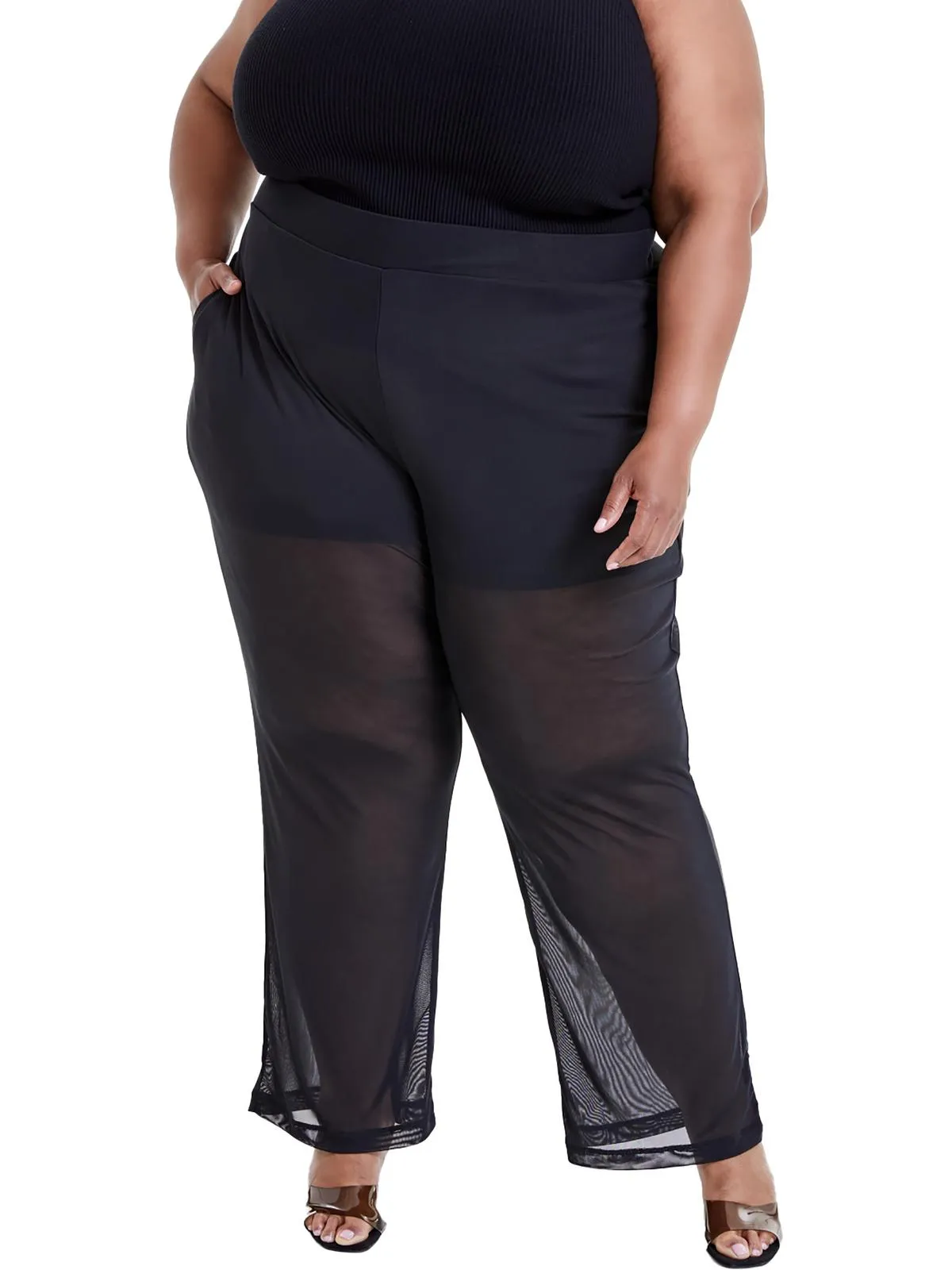 Plus Womens High Rise Mesh Wide Leg Pants