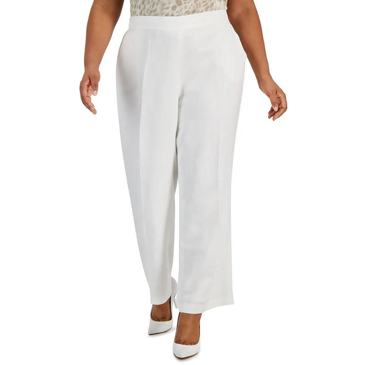 Plus Womens Linen High Rise Straight Leg Pants