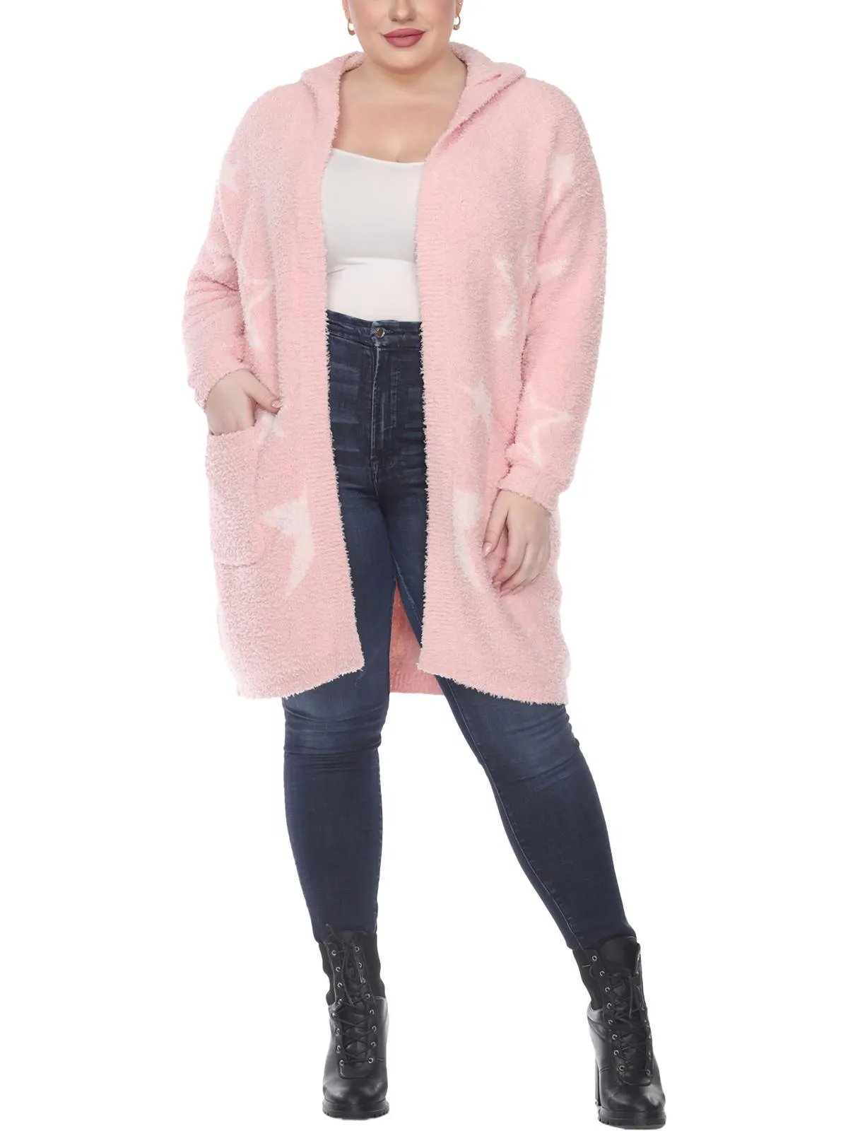 Plus Womens Sherpa Hooded Cardigan Sweater