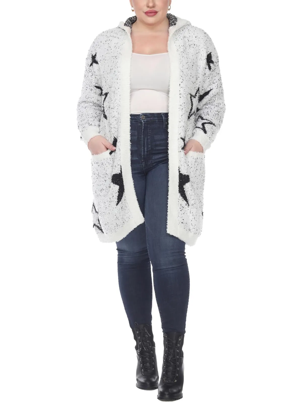 Plus Womens Sherpa Hooded Cardigan Sweater