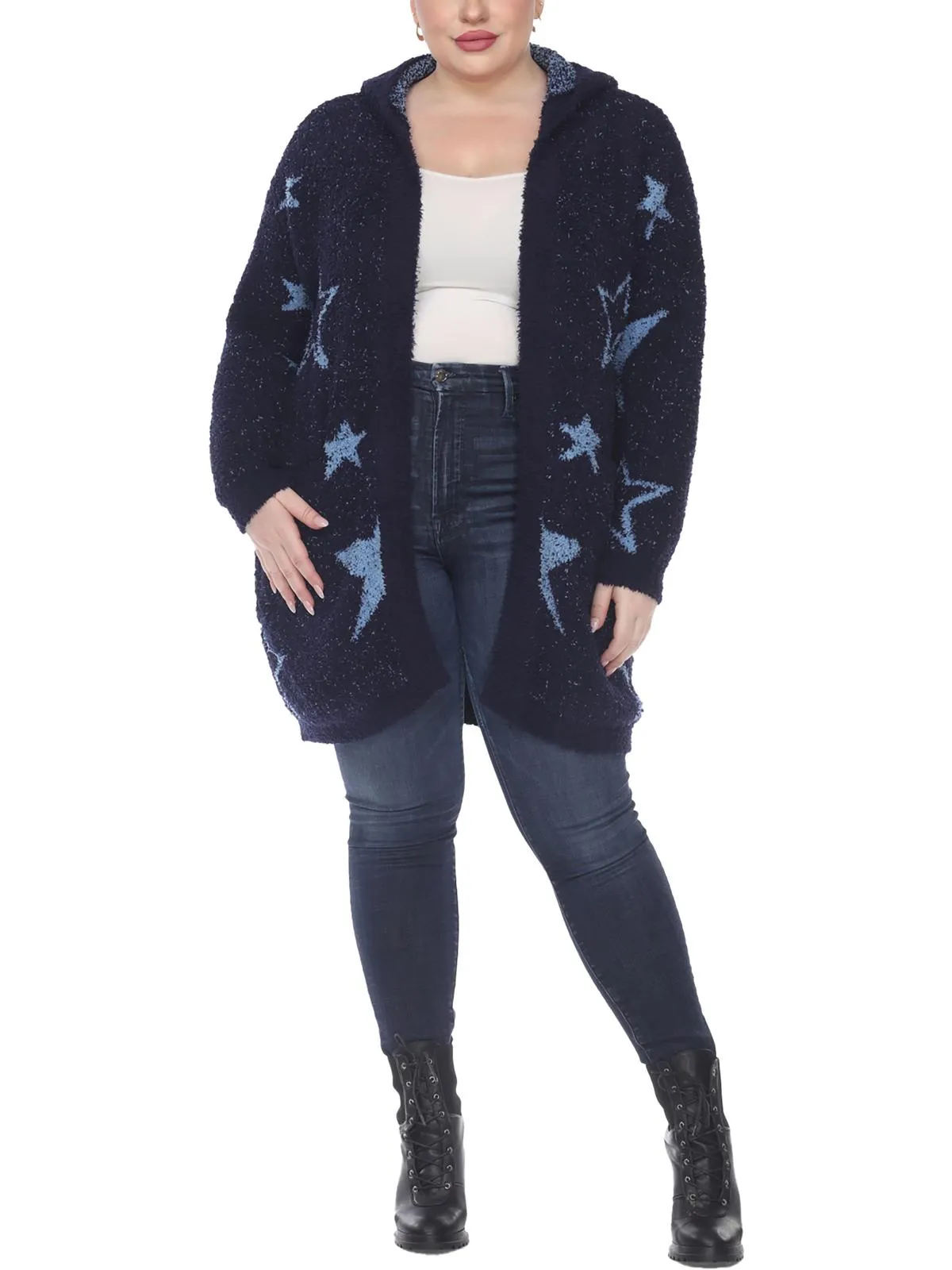 Plus Womens Sherpa Hooded Cardigan Sweater