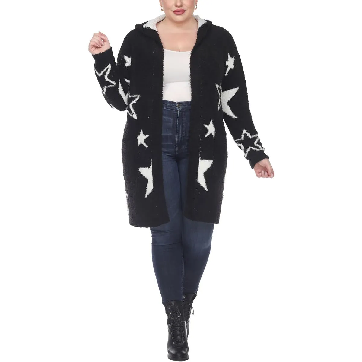 Plus Womens Sherpa Hooded Cardigan Sweater
