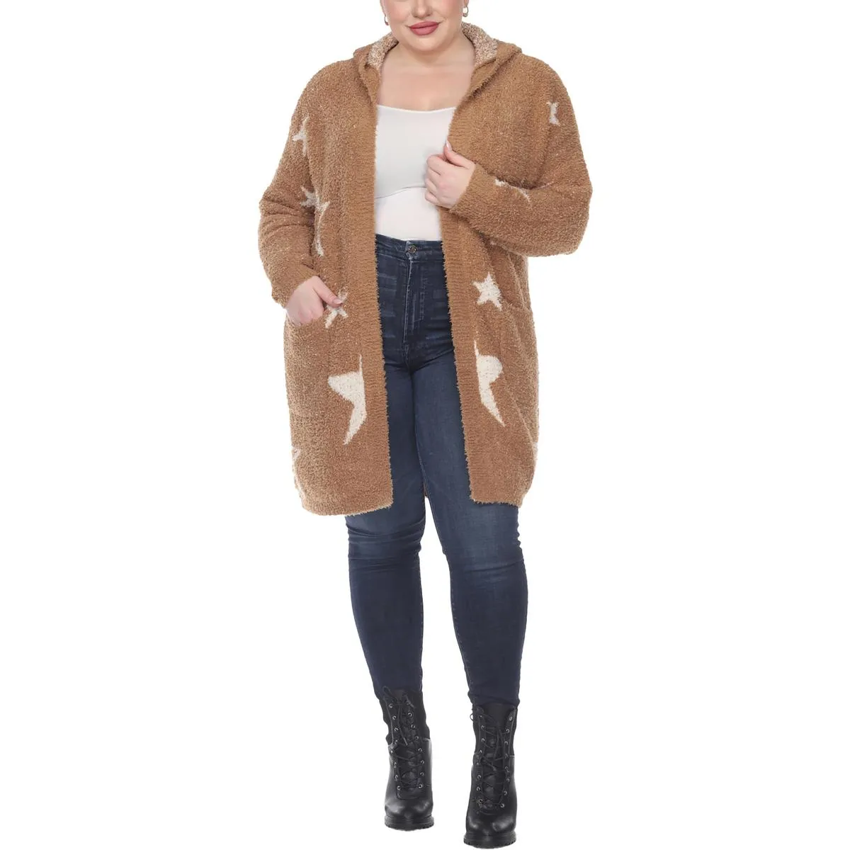 Plus Womens Sherpa Hooded Cardigan Sweater