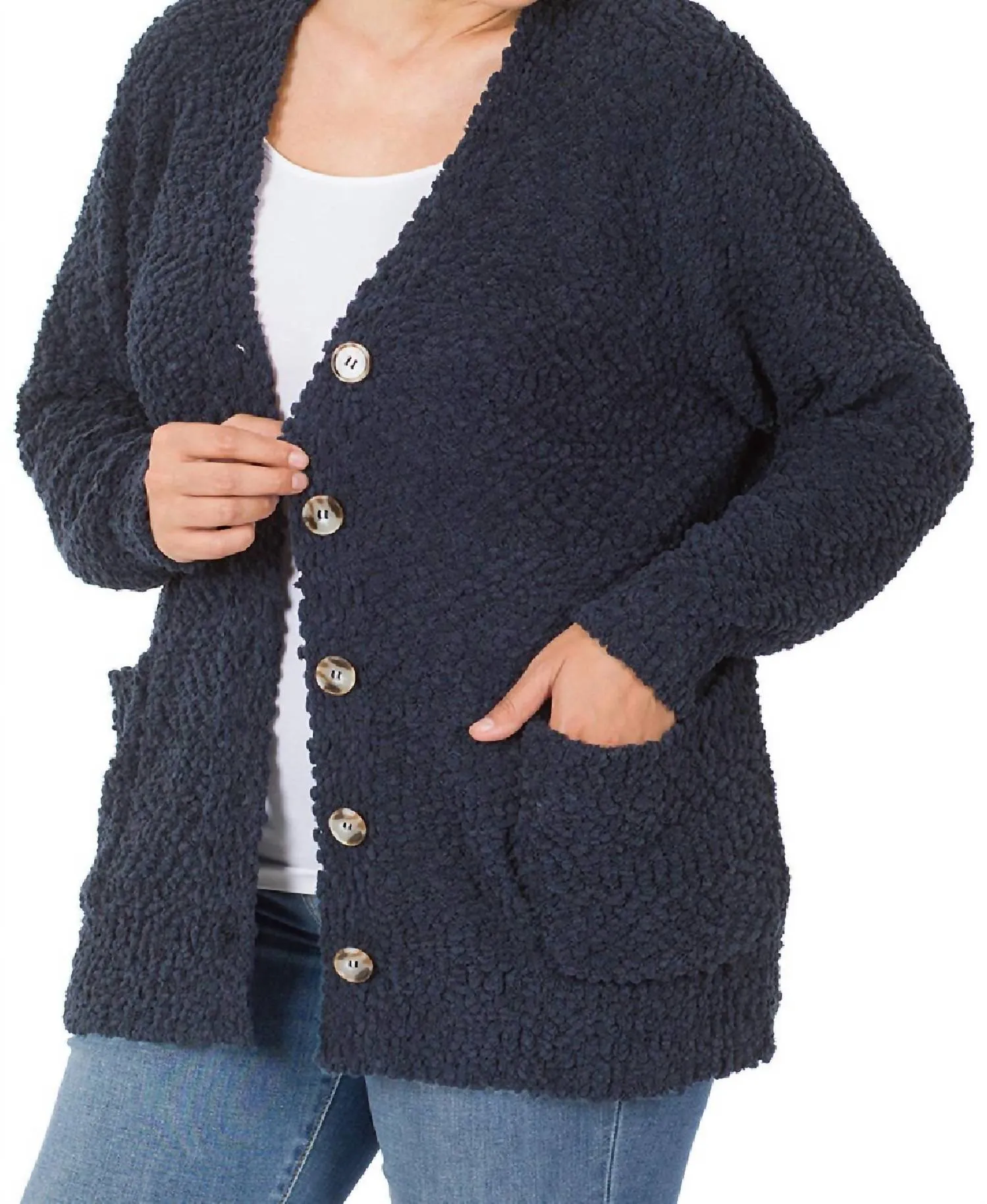 Popcorn Button Down Cardigan In Midnight Navy