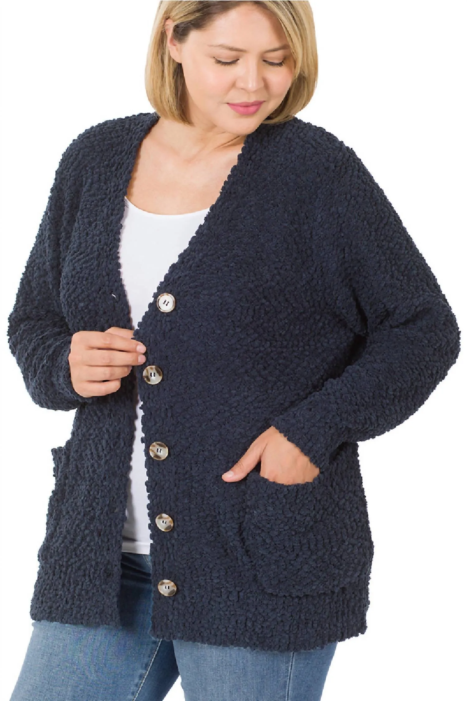 Popcorn Button Down Cardigan In Midnight Navy