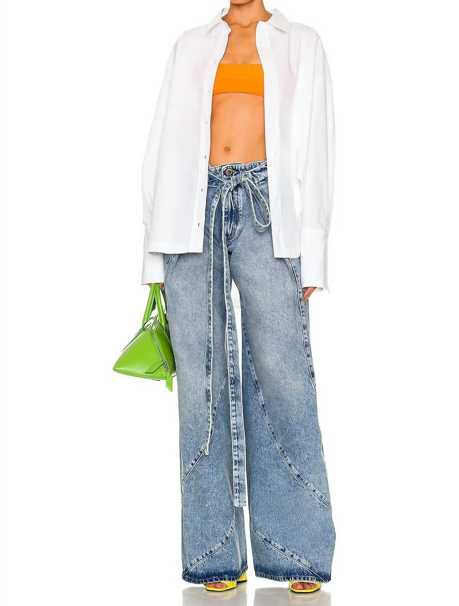 Pre-Loved Denim With Slit Pockets And Belted Waist Jean In Blue