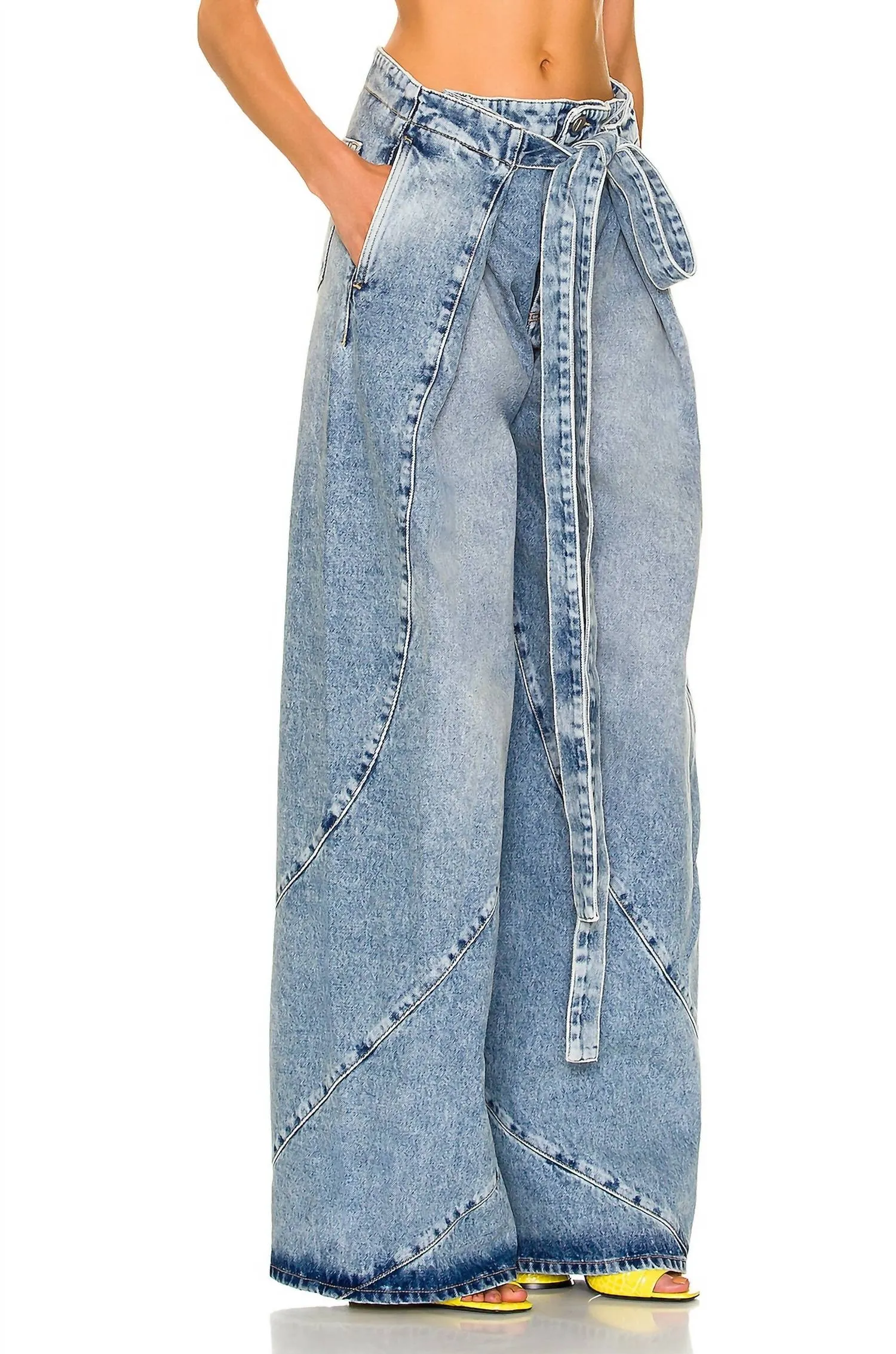 Pre-Loved Denim With Slit Pockets And Belted Waist Jean In Blue