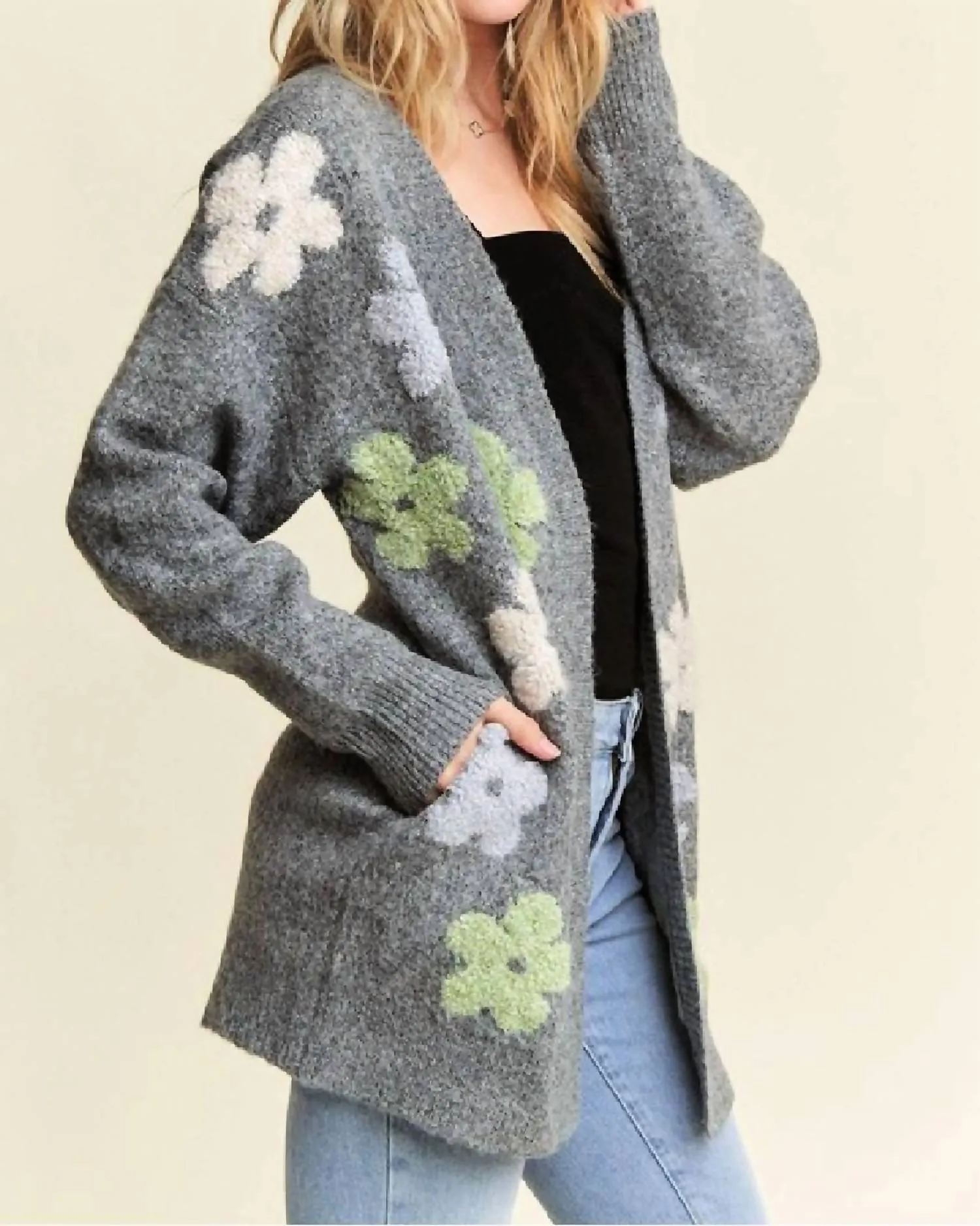 Puff Flower Sweater Cardi In Multi