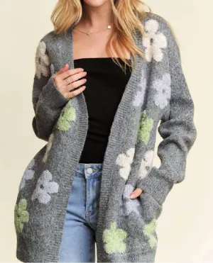 Puff Flower Sweater Cardi In Multi