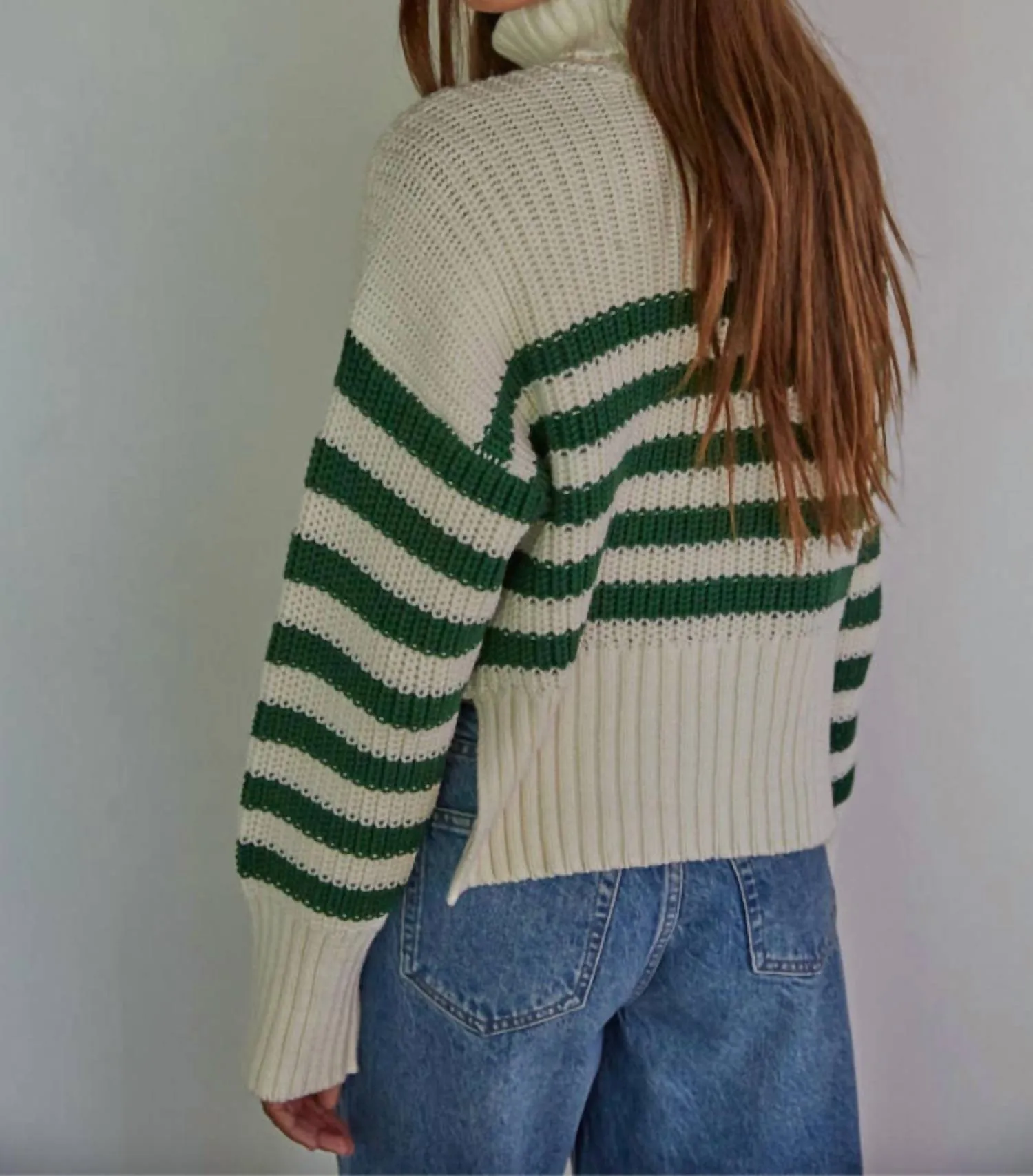 Pullover Turtleneck Sweater In Green & Ivory