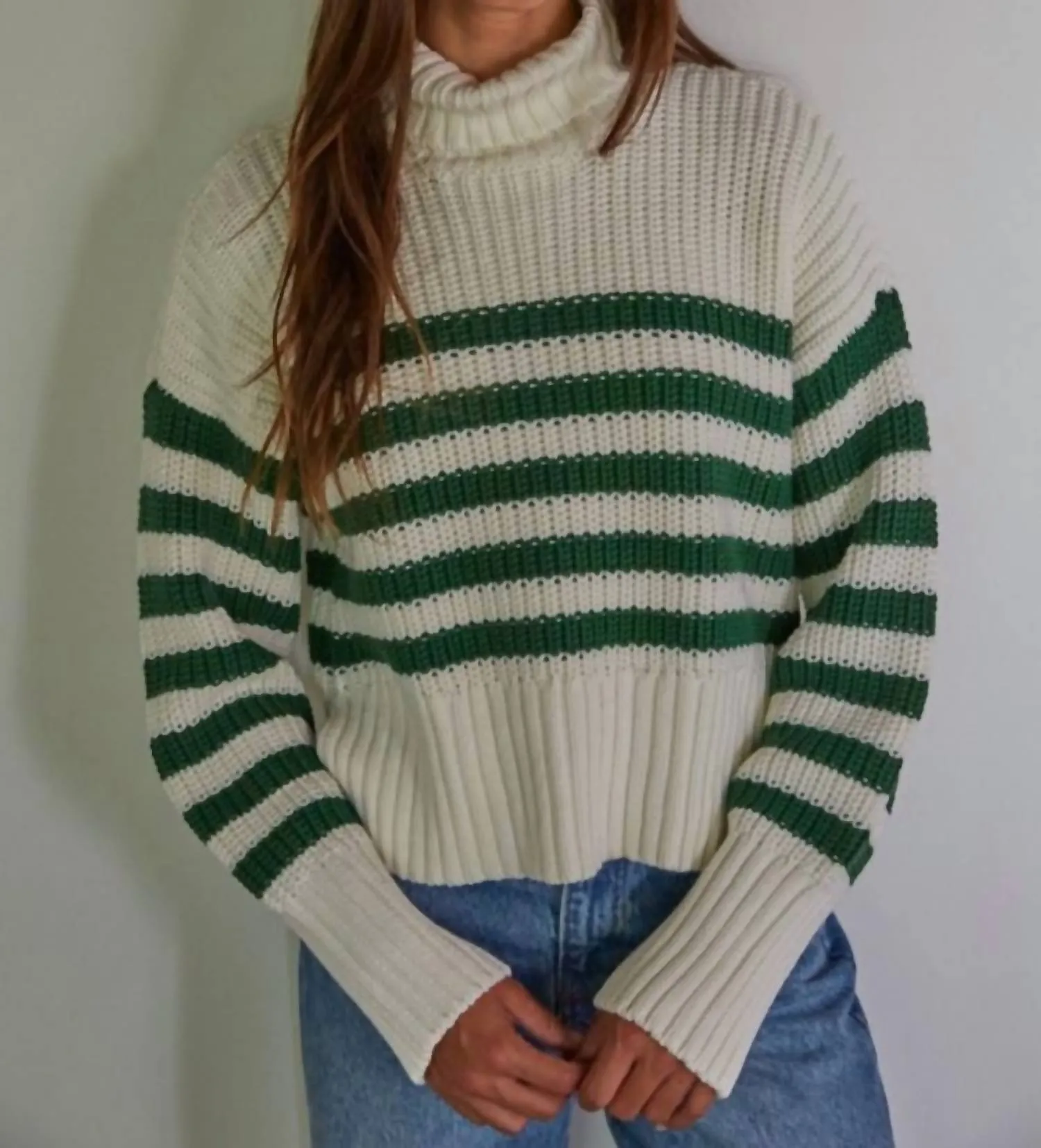 Pullover Turtleneck Sweater In Green & Ivory