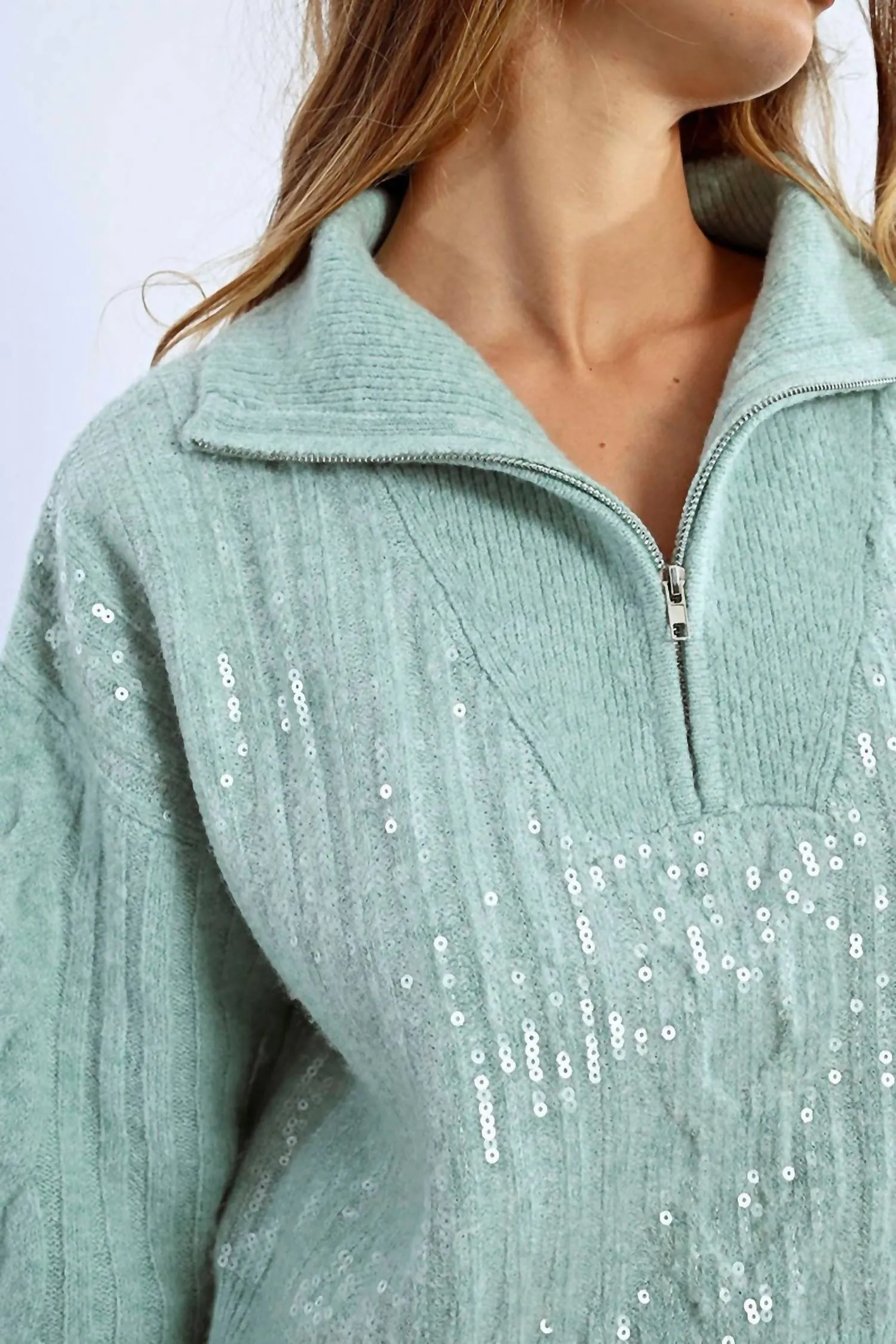 Qtr Zip Sequin Sweater In Mint