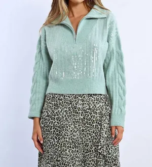 Qtr Zip Sequin Sweater In Mint