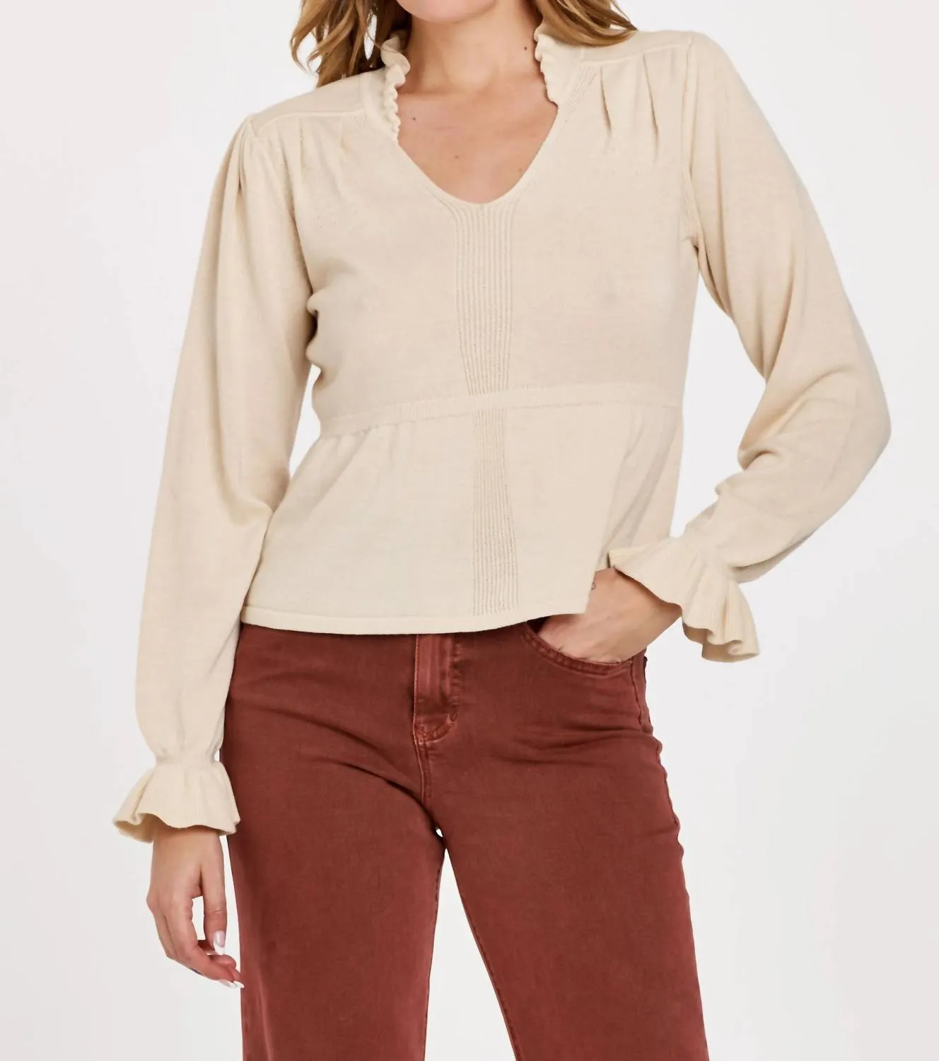 Rachelle Ruffle V-Neck Sweater In Vintage Cream