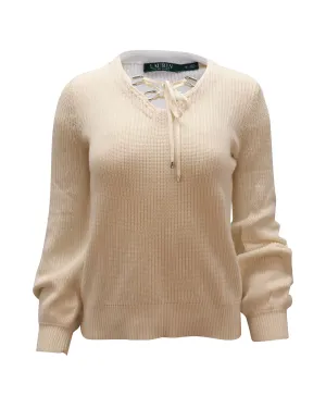 Ralph Lauren Valayna Lace-Up V-Neck Sweater in Ivory Cotton