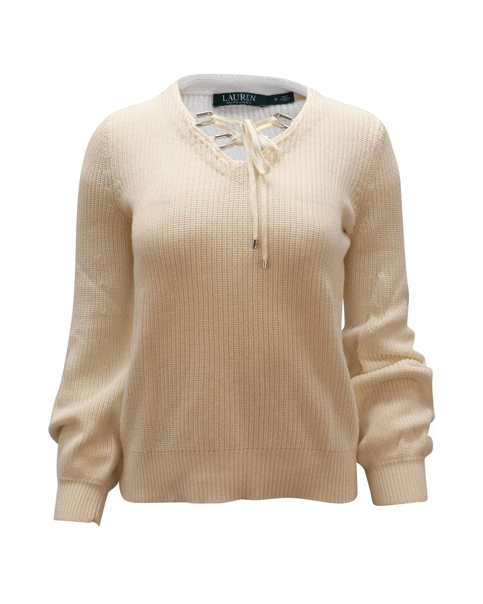 Ralph Lauren Valayna Lace-Up V-Neck Sweater in Ivory Cotton