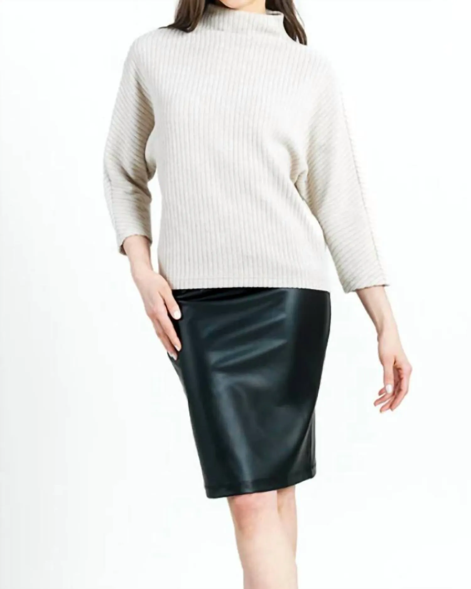 Ribbed Funnel Neck Modern Soft Sweater In Sand