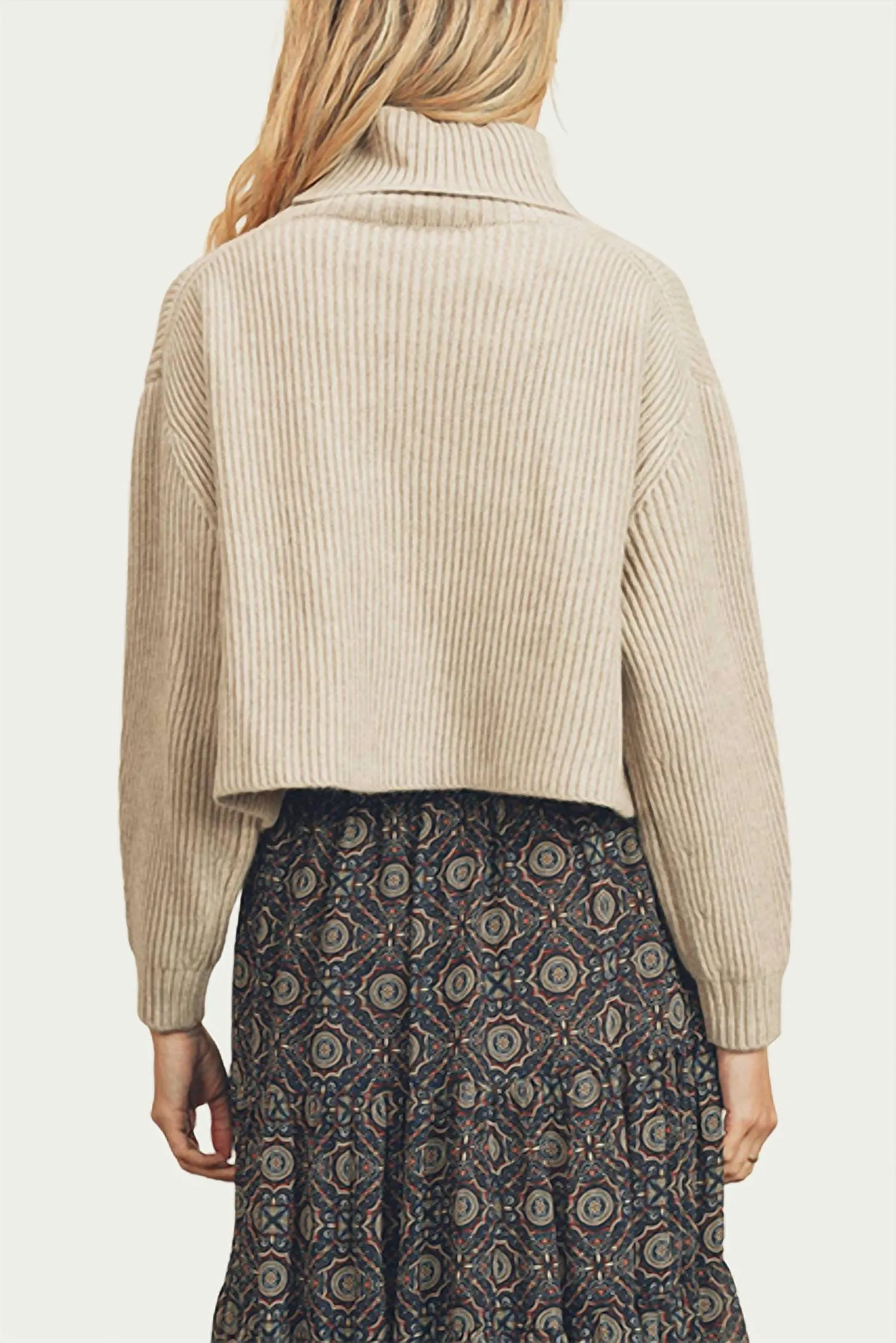Ribbed-Knit Cropped Turtleneck Sweater In Oatmeal