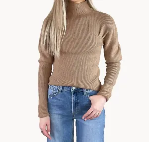 Ribbed Mock Neck Sweater In Taupe