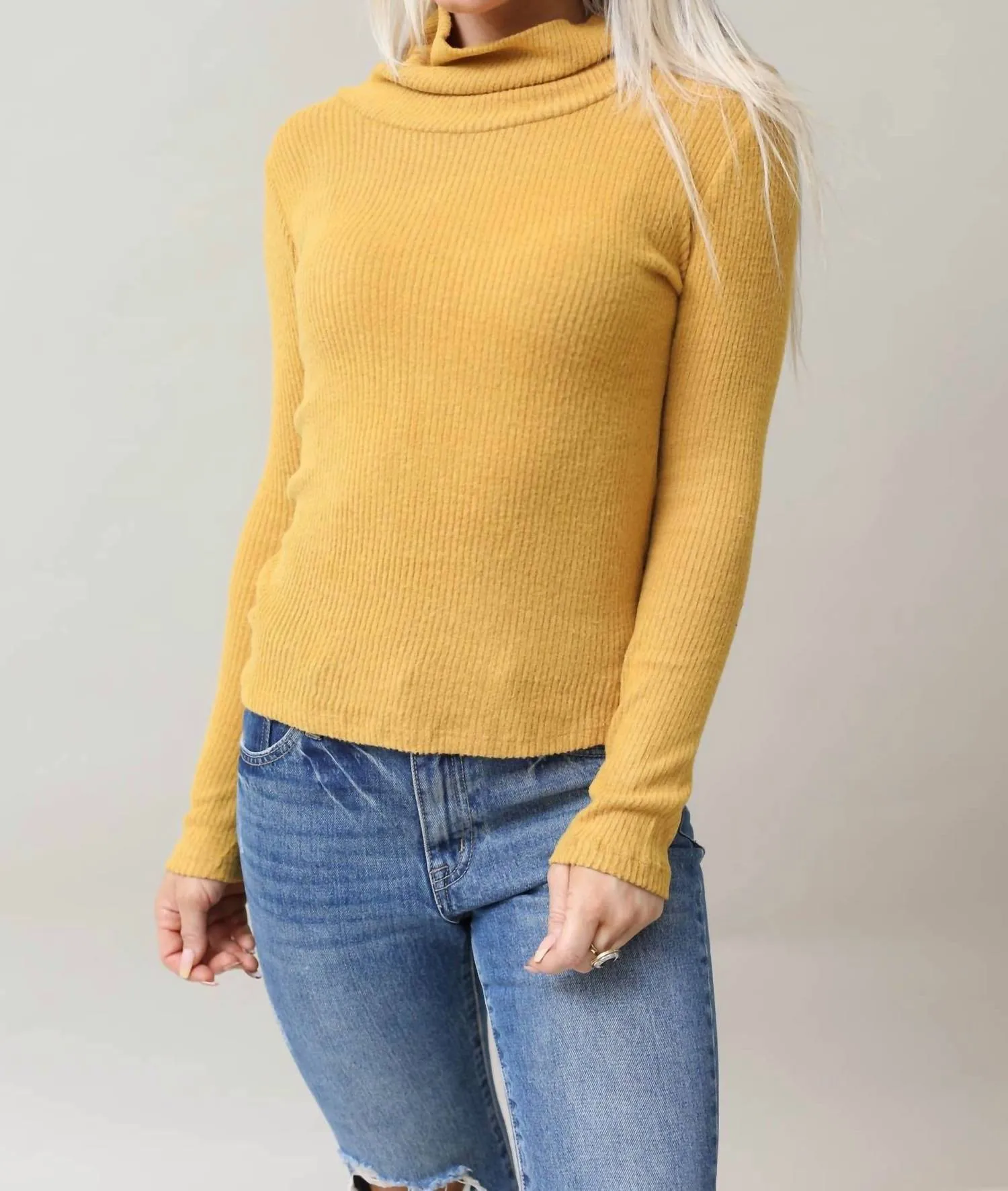 Ribbed Soft Cowl Neck Top In Dark Mustard