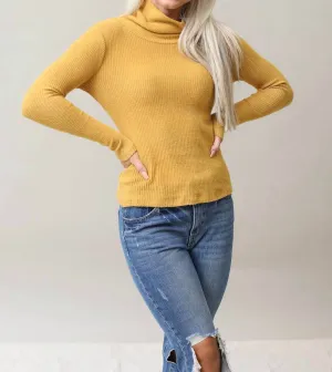 Ribbed Soft Cowl Neck Top In Dark Mustard