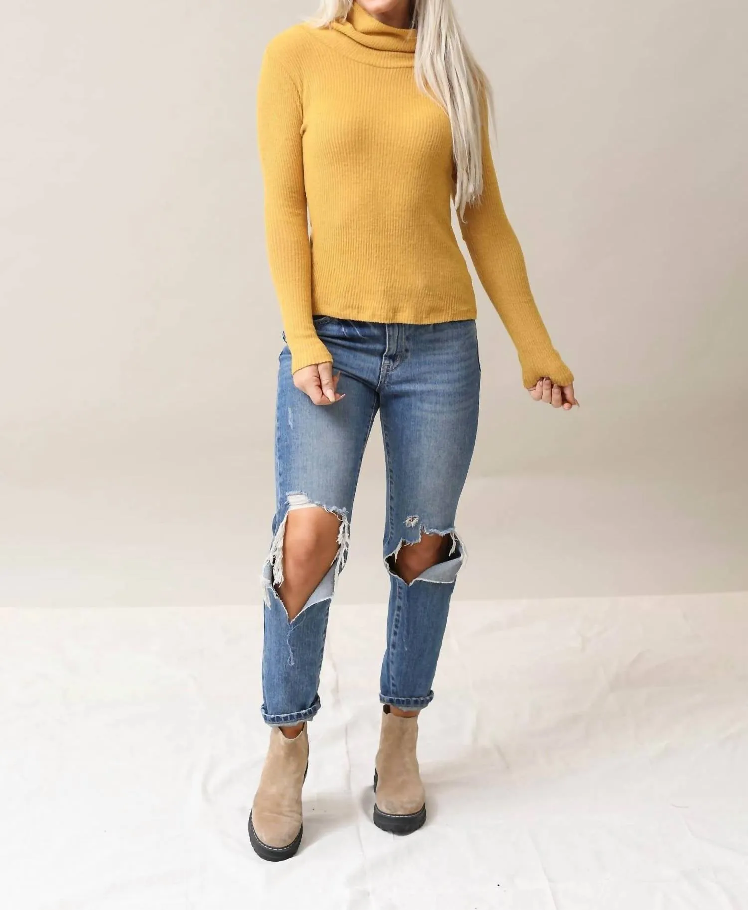 Ribbed Soft Cowl Neck Top In Dark Mustard