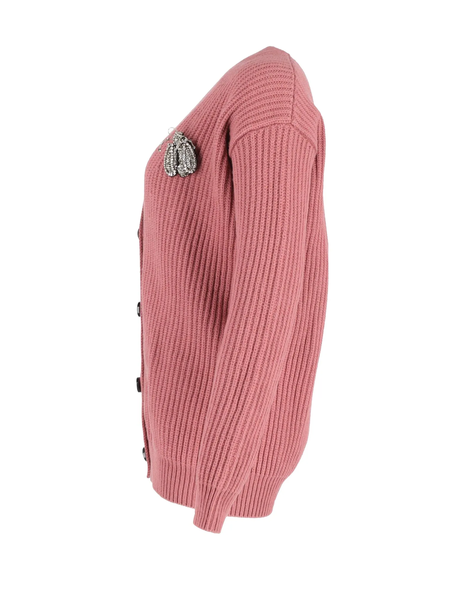 Rochas Bug Brooch Knitted Cardigan in Pink Cotton Wool