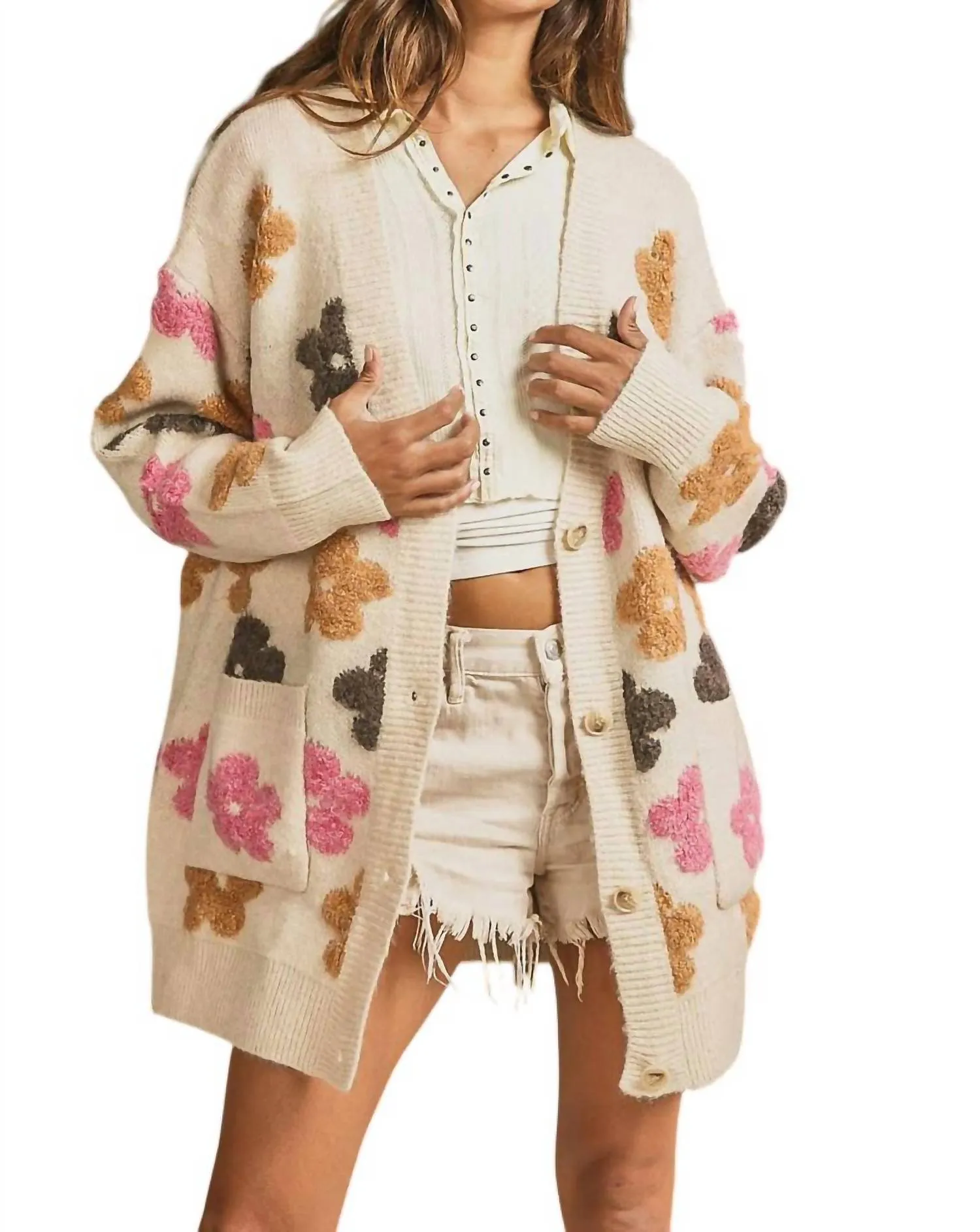 Royce Retro Flower Embroidery V-Neck Cardigan In Oatmeal