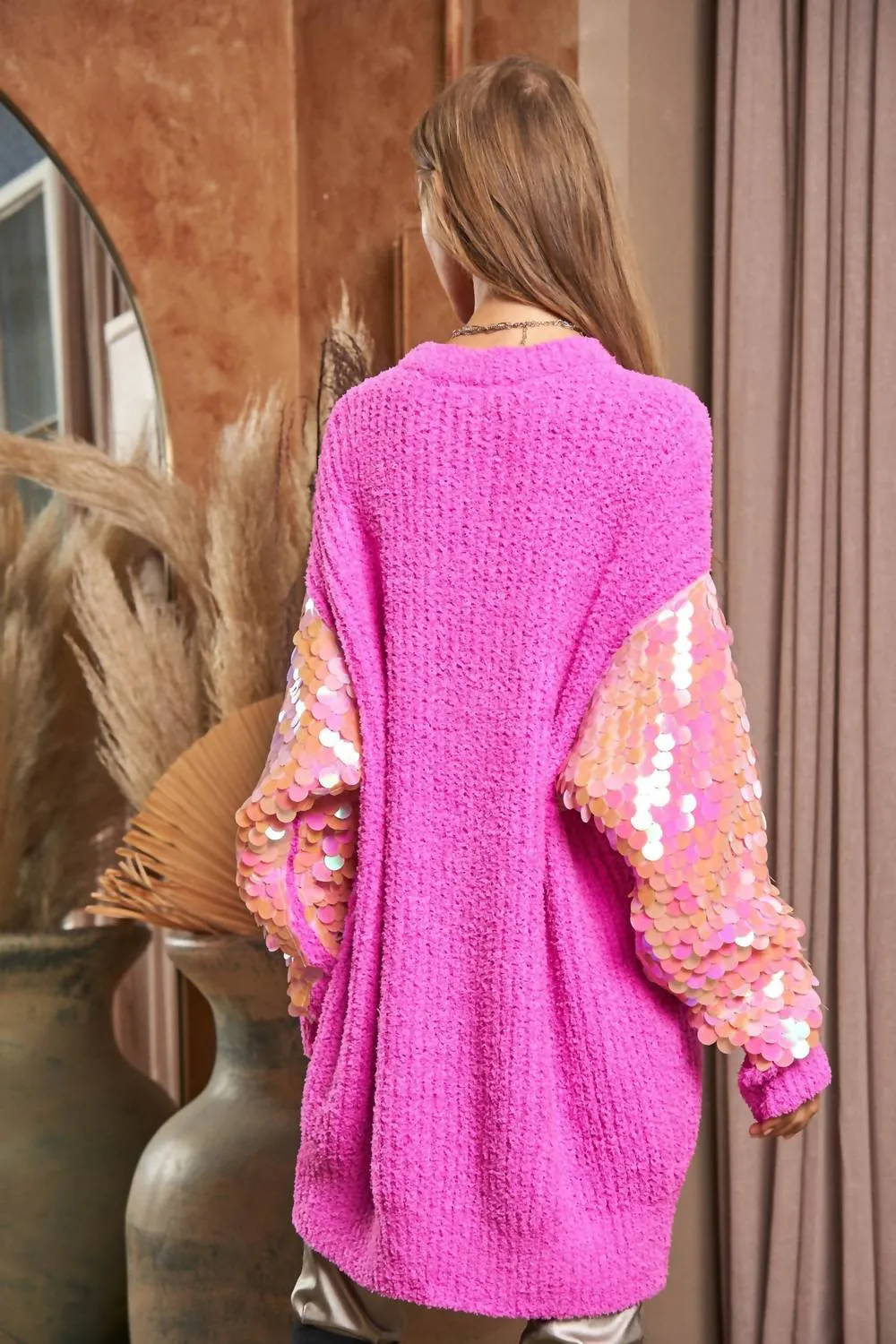 Sequin Sleeve Sweater Knit Tunic Top In Pink
